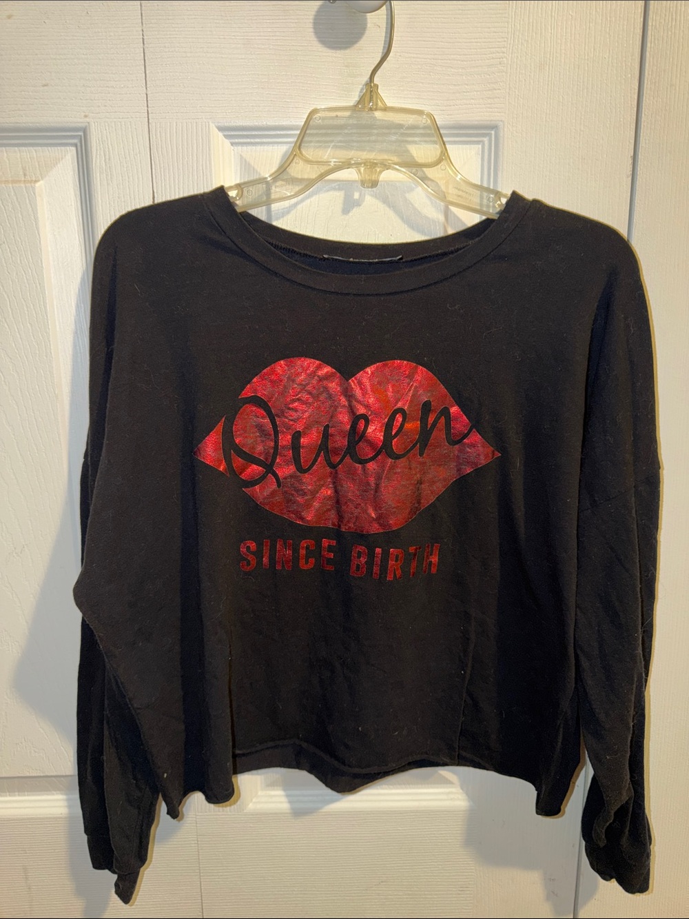Queen 'Since Birth' Black Cropped Sweatshirt with Red Metallic Lips